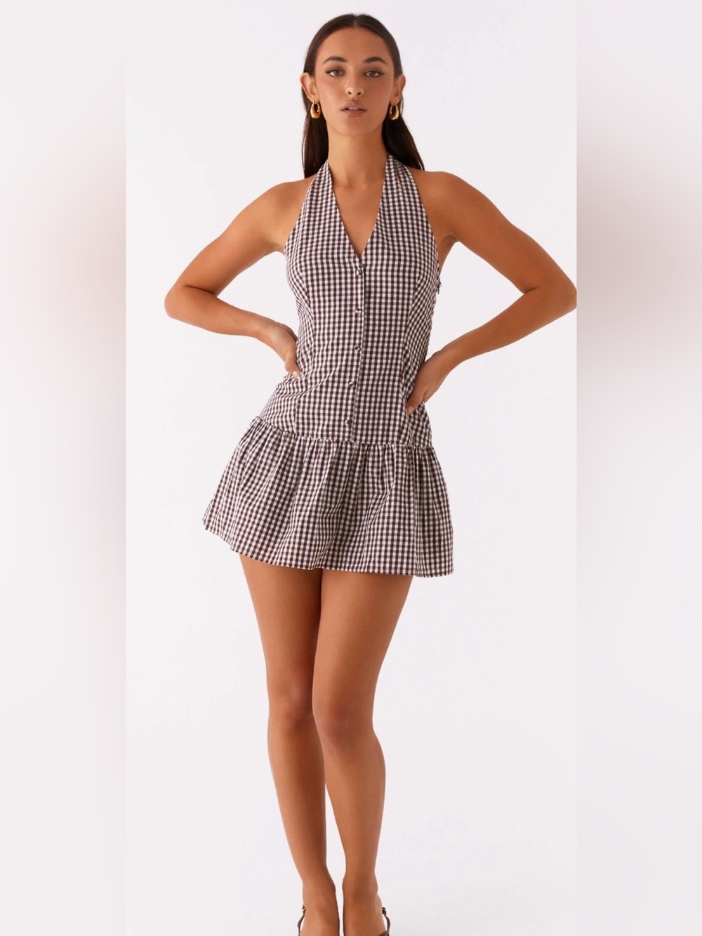 PEPPERMAYO OUT OF STOCK! Gingham Halter Button-Down Mini Dress - Brown & White
